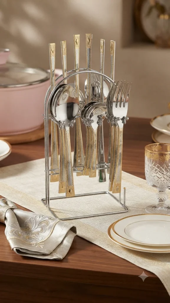 🌟 Royal Gold & Silver Cutlery Set with Stand 🌟