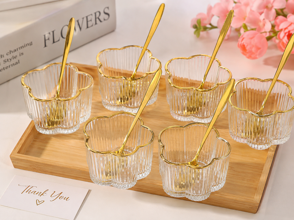 Golden Bloom Glass Bowl Set with Wooden Tray