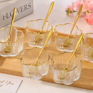 Golden Bloom Glass Bowl Set with Wooden Tray